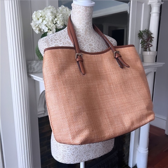 NWT ISAAC MIZRAHI “Lucille” Straw And Brown Leather Large Tote Bag - Picture 9 of 14